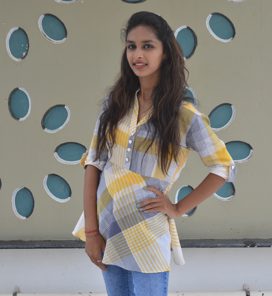 Yellow &amp; Grey Chequered South Cotton Short Top-1