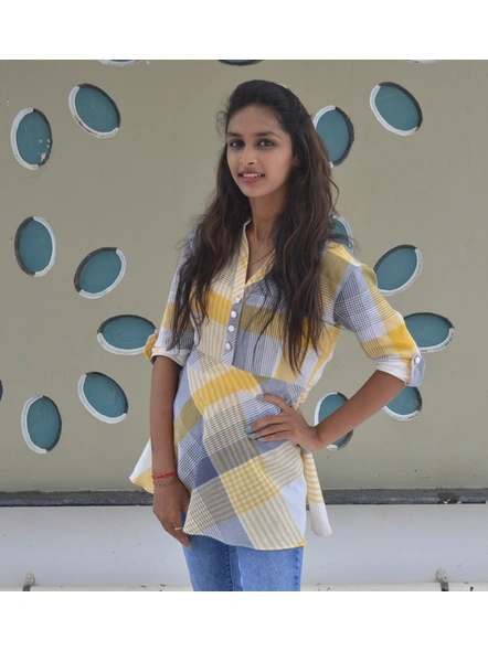 Yellow &amp; Grey Chequered South Cotton Short Top-1