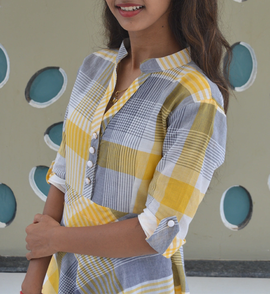 Yellow &amp; Grey Chequered South Cotton Short Top-2