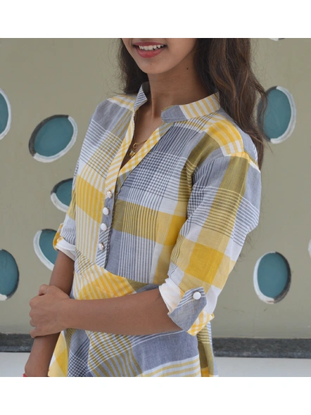Yellow &amp; Grey Chequered South Cotton Short Top-2