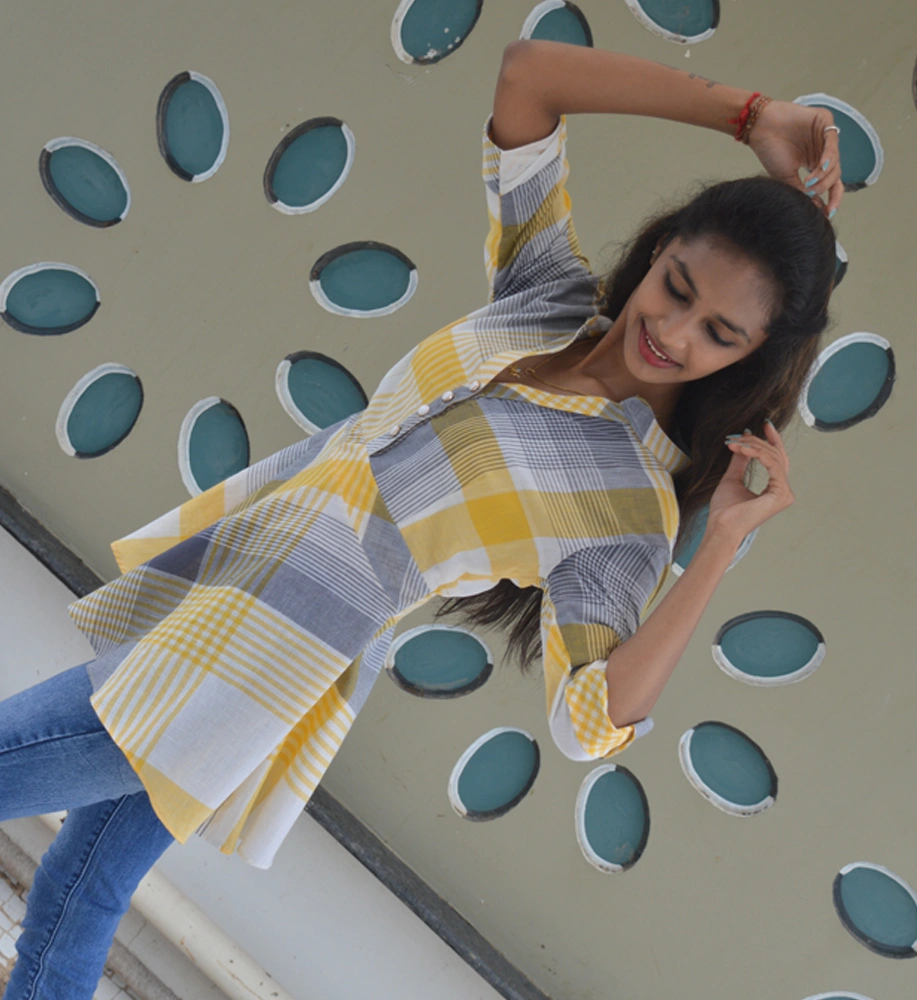 Yellow &amp; Grey Chequered South Cotton Short Top-3