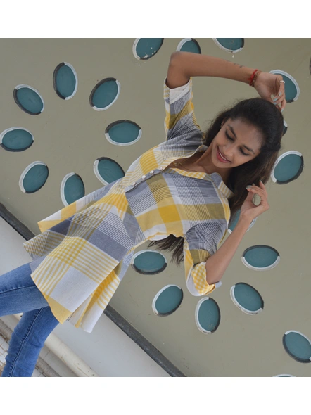 Yellow &amp; Grey Chequered South Cotton Short Top-3