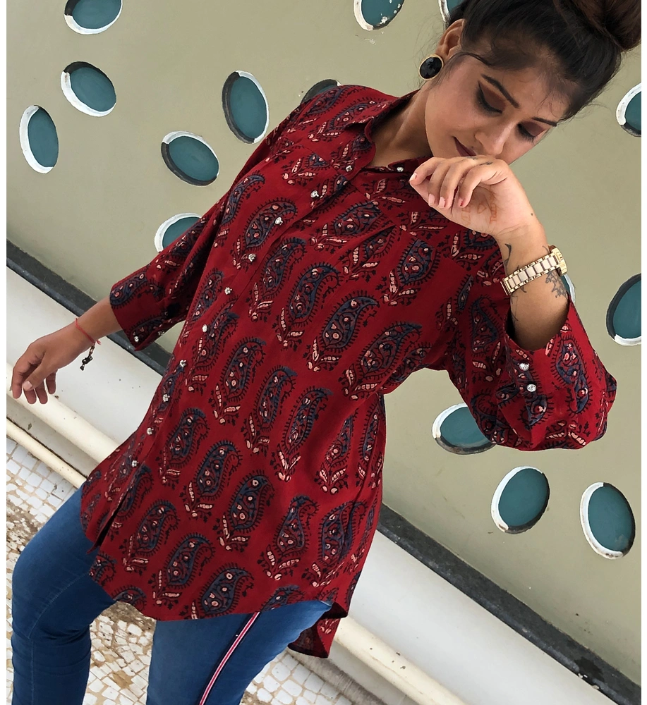 Maroon Ajrakh Print Short Top-2