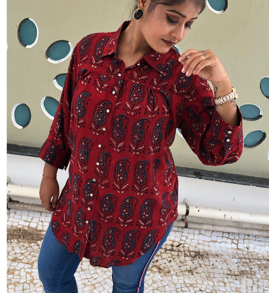 Maroon Ajrakh Print Short Top-3