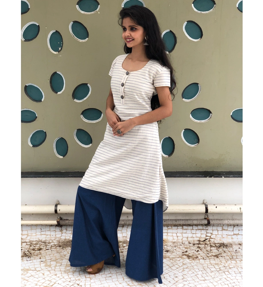 Offwhite Stripes Kurta with Denim Blue Palazzo-2