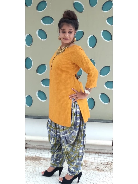Dhoti Patiyala Dress with Mustard Yellow Top with Grey &amp; Green Chex Rayon Shrug-K-23