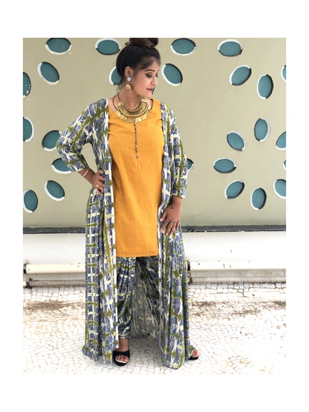 Dhoti Patiyala Dress with Mustard Yellow Top with Grey &amp; Green Chex Rayon Shrug-1