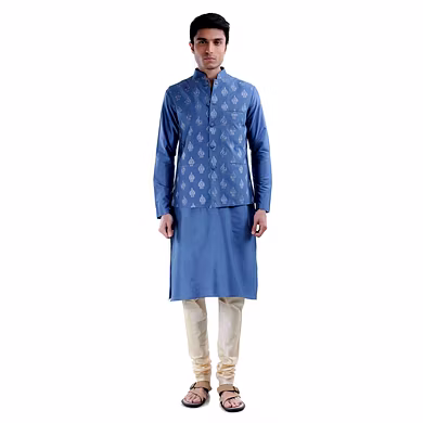 BLUE STRAIGHT KURTA WITH BROCADE SILK JAWAHAR JACKET-SP 19 UTSAV MEN 12-S