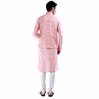PIN TUCKS KURTA AND BROCADE SILK JAWAHAR JACKET WITH WHITE CHURIDAAR-Medium-1