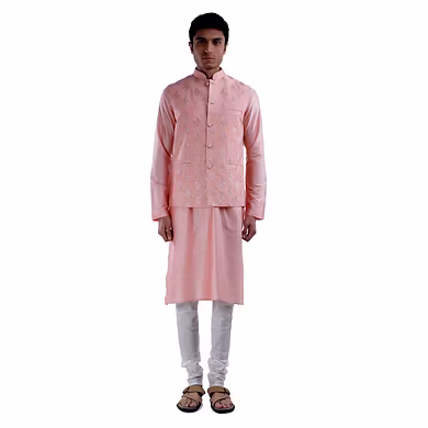 PIN TUCKS KURTA AND BROCADE SILK JAWAHAR JACKET WITH WHITE CHURIDAAR-SP 20 UTSAV MEN 20-L