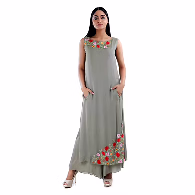 SLEEVLESS STRAIGHT KURTI WITH SIDE POCKETS  OLIVE GREEN-SP 19 UTSAV 02 OLIVE GREEN-L