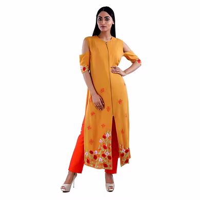 FRONT OPEN ANKLE LENGTH STRAIGHT KURTI-SP19UTSAV03MUSTARDYELLOW-L