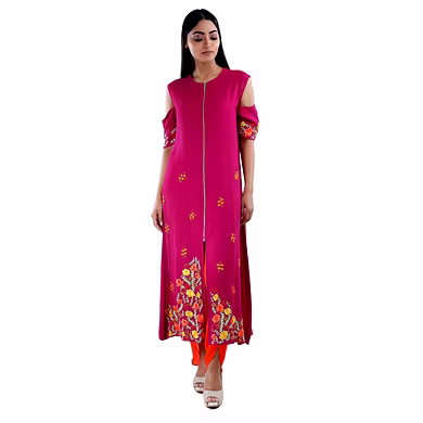 FRONT OPEN ANKLE LENGTH STRAIGHT KURTI WITH THREAD EMBROIDERY ON FRONT PANELLS AND SLEEVES PURPLE-SP19UTSAV03APURPLE-M