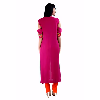 FRONT OPEN ANKLE LENGTH STRAIGHT KURTI WITH THREAD EMBROIDERY ON FRONT PANELLS AND SLEEVES PURPLE-Medium-1
