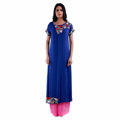 SIDE DRAPE CALF LENGTH KURTI WITH MEGA SLEEVE  BLUE-SP19UTSAV06BLUE-M