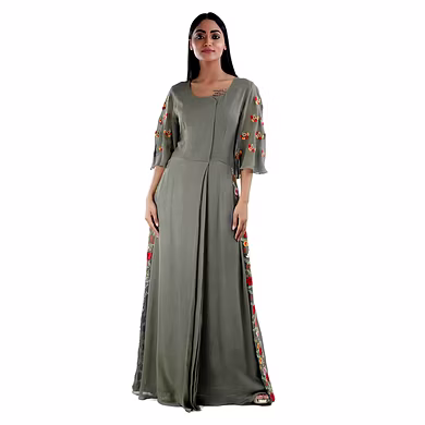 FLOOR LENGTH PANNELED KURTI  OLIVE GREEN-SP19UTSAV08AOLIVEGREEN-M