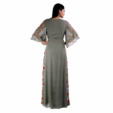 FLOOR LENGTH PANNELED KURTI  OLIVE GREEN-Large-1