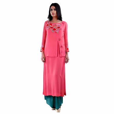 CALF LENGTH KURTA WITH HALF SLEEVE JACKET AND STRAIGHT PANT CORAL-SP19UTSAV09CORAL-L
