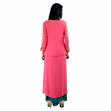 CALF LENGTH KURTA WITH HALF SLEEVE JACKET AND STRAIGHT PANT CORAL-Large-1
