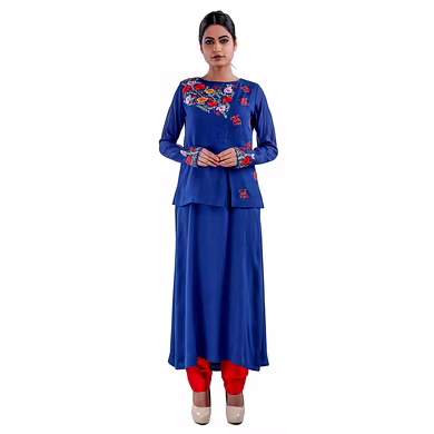 CALF LENGTH KURTA WITH HALF SLEEVE JACKET AND STRAIGHT PANT BLUE-SP19UTSAV09ABLUE-M
