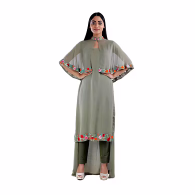 ANKLE LENGTH STRAIGHT KURTI WITH CAPE ON TOP AND STRAIGHT PANT  OLIVE GREEN-SP19UTSAV12OLIVEGREEN-S