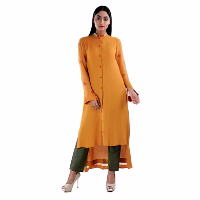 SHIRT STYLE FRONT OPEN KURTI WITH CHINEES COLOR AND DHOTI PANT  YELLOW-SP19UTSAV13-AYELLOW-M