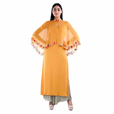 ANKLE LENGTH STRAIGHT KURTI WITH CAPE ON TOP AND STRAIGHT PANT  MUSTARD YELLOW-SP19UTSAV14MUSTARDYELLOW-S