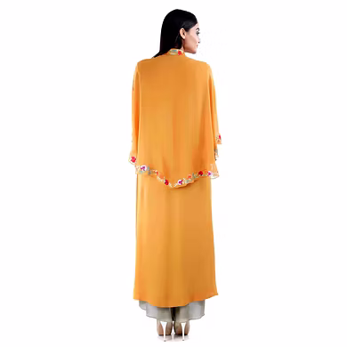 ANKLE LENGTH STRAIGHT KURTI WITH CAPE ON TOP AND STRAIGHT PANT  MUSTARD YELLOW-Small-1