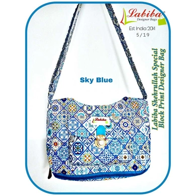 Labiba Sky Blue Sherullah Special Block Print Designer Bag-LSBPDB-02