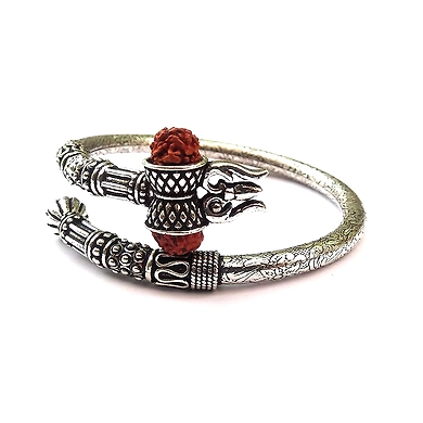 Lucky Choice 925 Pure Silver Rudraksha Trishul Damroo Designer Kada Bracelet Bangle for Women &amp; Men -LC-2140