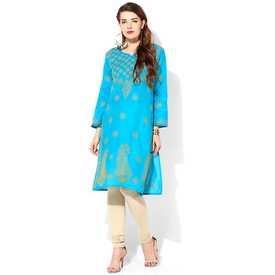 Albely Turquoise Blue Lucknowi Chikan Embroidered Kurta-AB3031-S