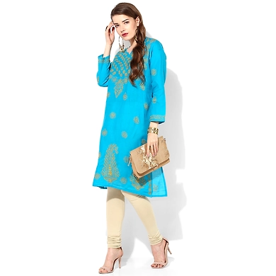 Albely Turquoise Blue Lucknowi Chikan Embroidered Kurta-M-Turquoise Blue-1
