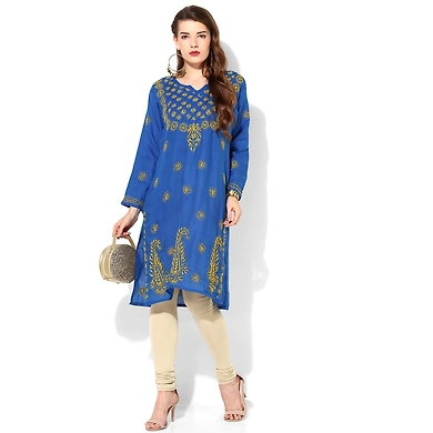 Albely Blue Lucknowi Chikan Embroidered Kurta-Blue-S-1