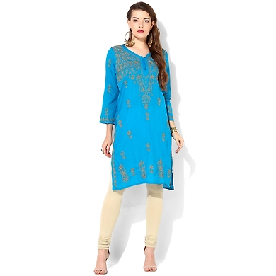 Albely Turquoise Blue Lucknowi Chikan Embroidered Kurta-AB3036-S