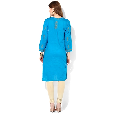 Albely Turquoise Blue Lucknowi Chikan Embroidered Kurta-M-Turquoise Blue-2