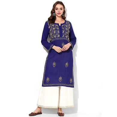 Albely Blue Lucknowi Chikan Embroidered Kurta-AB3049-S