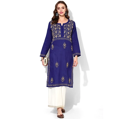 Albely Blue Lucknowi Chikan Embroidered Kurta-Blue-S-1