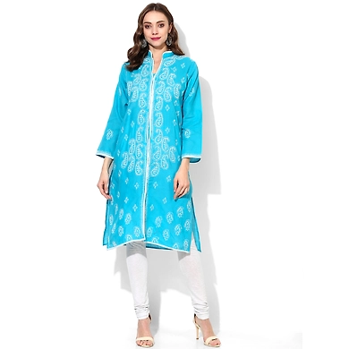 Albely Turquoise Blue Lucknowi Chikan Embroidered Kurta-AB3051-S