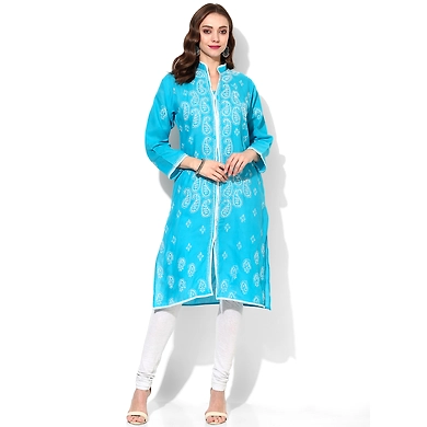 Albely Turquoise Blue Lucknowi Chikan Embroidered Kurta-S-Turquoise Blue-1