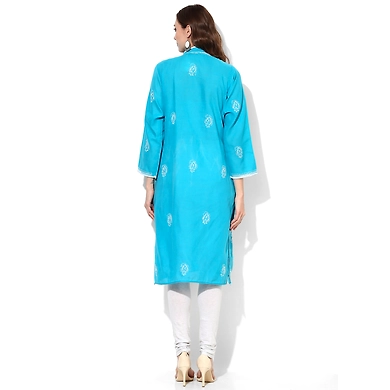 Albely Turquoise Blue Lucknowi Chikan Embroidered Kurta-S-Turquoise Blue-2