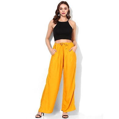 Albely Mustard Solid Rayon Palazzo-Mustard-Free Size-1