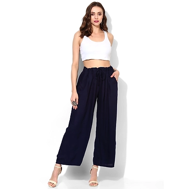 Albely Navy Blue Solid Rayon Palazzo-Navy Blue-Free Size-1