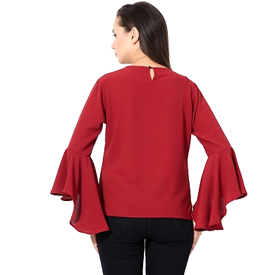 Albely Bell Sleeves Bohemain Top-Maroon-S-2