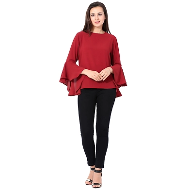 Albely Bell Sleeves Bohemain Top-Maroon-XL-1