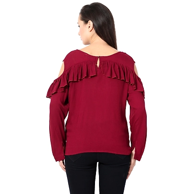 Albely Cold Shoulder Bohemain Top-Maroon-L-2