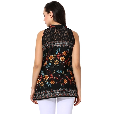 Albely Sleeveless Floral Bohemain Top-Black-S-2