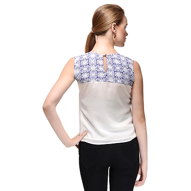 Albely Curved in Half Moon Georgette Top White &amp; Blue Colour-XL-White &amp; Blue-2