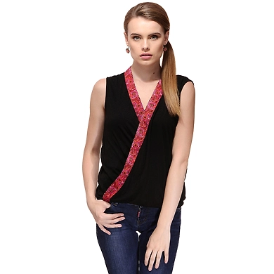 Albely Overlapping Knit Top Black Colour-A-TB20-M