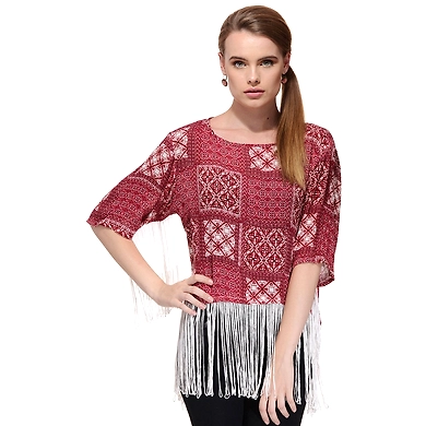 Albely Fringes Kaftan Top Maroon Colour-A-TB42-M