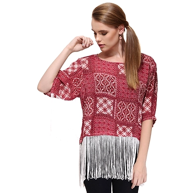 Albely Fringes Kaftan Top Maroon Colour-M-Maroon-1